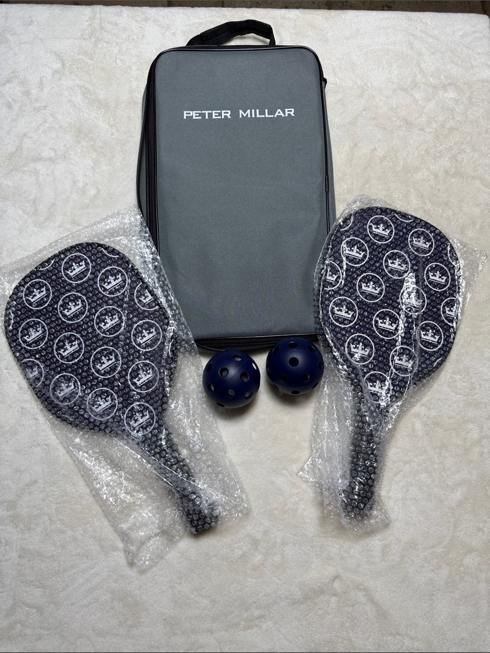 Peter Millar Pickleball Set 2 Paddles 2 Balls Grey Carrying Case Navy Crown NWT